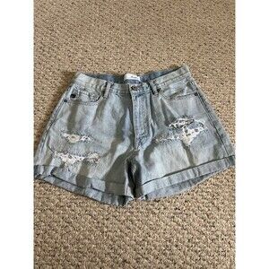RANCAN Cuffed Ripped Jean Shorts SIZE L Paisley Pockets